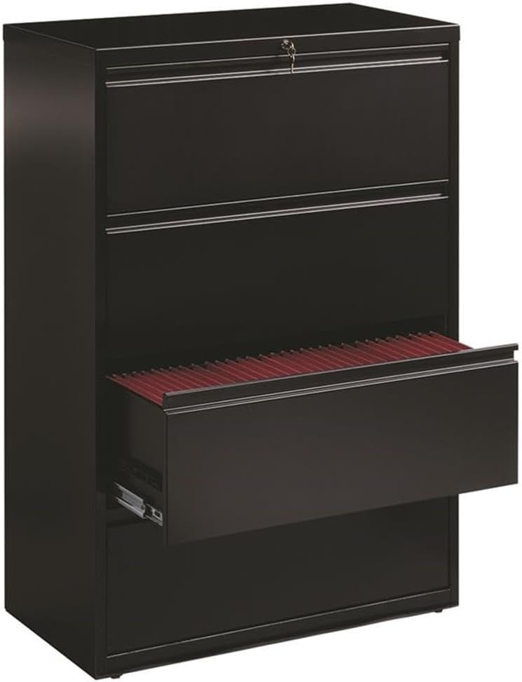 Pemberly Row 36" 4-Drawer Modern Metal Lateral Filing Cabinet, Black Powder Coat Finish, Fully Welded Steel Construction, Ball-Bearing Suspension, Anti-Tip Design, Office File Storage