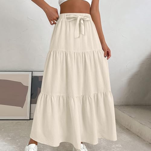 Drawstring Maxi Long Skirts for Women, Ankle Length High Waisted Pleated Tiered Flowy A Line Summer Casual Skirt2