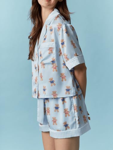 Image of Argeousgor Women 4th Of July Pajama Sets American Flag Short Sleeve Shirt and Shorts 2 Piece Independence Day Pajamas Set