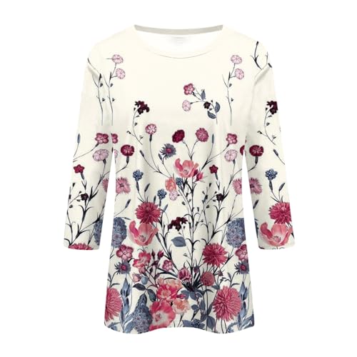 HTHLVMD Womens 3/4 Length Sleeve Tops 2025 Fall Fashion Floral Print Crewneck Causal Trendy Tunic Tops for Women
