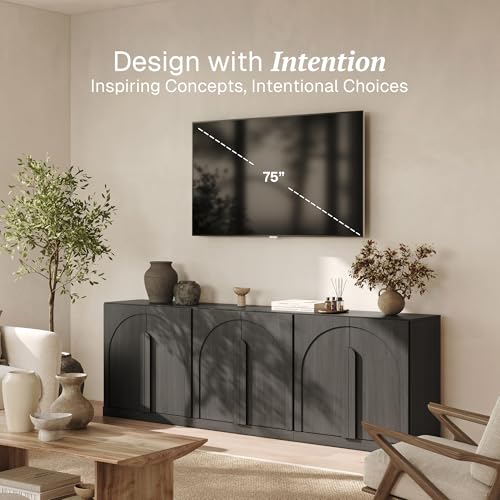 Image of BELLEZE Bijou Modular Media Console Wall Unit (94.5 inch Wide)-Extra Long Entertainment Center & Storage System-Arched Door Sideboard for Living Room -Hides All Clutter, Ebony