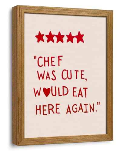 Funny Kitchen Wall Art 5 Star Review Quote Canvas Print Chef Was Cute Would Eat Here Again Red Text Wall Decor for Cafe Bistro Kitchen Dining Room Framed 12x16 inch