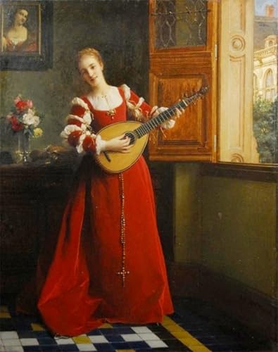 Lienzo poético Donna alla finestra con mandolino, decoración Pierre Charles Comte, 60x90cm