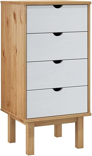 vidaXL OTTA - Armario de cajón marrón y blanco, 18.1 x 15.6 x 35.4 pulgadas, estilo escandinavo, madera de pino maciza, almacenamiento de 4 cajones