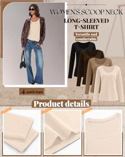 4 Pack Women's Scoop Neck Long Sleeve Tops, Loose Casual Cotton T-Shirts Fall Layer Trendy Basic Tee for Ladies3