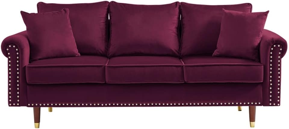 Velvet Sofa Couch with 2 Pillows, 3 Seater with Wood Legs for Living Room and Bedroom