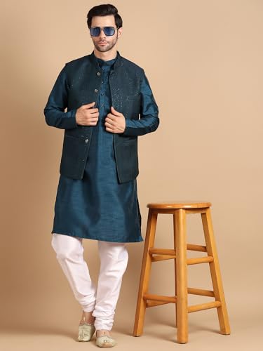 Image of men's Silk Blend Kurta Pejama & Waistcot Set