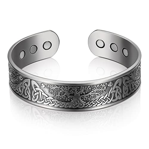 Bracelet Magnétique en Cuivre Rouge pour Homme Femme Bracelet en Cuivre Arbre de Vie Bracelet d'Énergie Magnétique Solide avec 6 Aimants Bracelet Ajustable avec Sac en Velours (Argent)