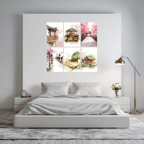 Image of SiddArtify Asian Architecture Wall Art Prints Set - Watercolor Building Poster Decor for Living Room Bedroom Office - 8x12 Sticker Pack of 6