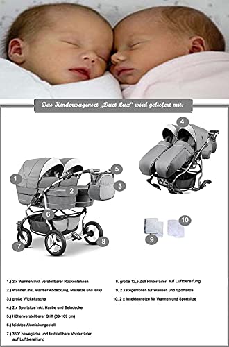 Zwillingskinderwagen Geschwisterwagen DUET LUX 2 in 1 Komplettset in 17 Farben