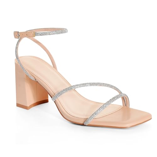 Rhinestone Heeled Sandals for Women, Chunky Block Heels for Prom, Sexy Strappy Heels Summer Sandals Open Toe Mid Heels for Women