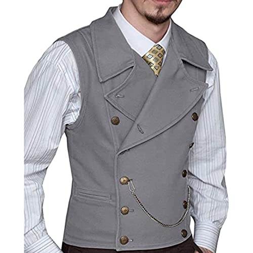 Men's Retro Slim Fit Suit Vest Double Breasted Wide Lapel Waistcoat Casual Vest for Jacket Tuxedo Blazer (Color : Gray, Size : Medium)