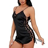 Camisón Sexy Satén,Camisones Tirantes,Lencería De Encaje,Mujeres Negligees,Conjunto De Lencería,Camisón Mujer,Vestido De Dormir De Encaje,Sexy Ropa Interior,Camisón con Tanga Abierto Posterior SM