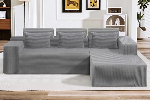 Image of HABUTWAY Sectional Couches for Living Room,No Assembly L Shaped Couch 105 inch Modular Sectional Sofa Couch with Deep Seat,Cloud Couches Furniture Sets for Apartment,Corduroy (Light Grey, Right Facing)