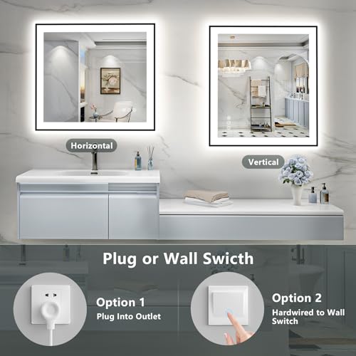 Image of 32x36 Black LED Bathroom Mirror Backlit & Front Lit Lighted Mirror | Anti-Fog Vanity Mirror with Lights, 3 Color Dimmable, Memory, Shatter-Proof, Tempered Glass, CRI95, UL Listed, Wall Mounted