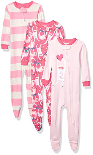 Spotted Zebra Girls' Toddler Snug-Fit Cotton Footed Sleeper Pajamas, 3-Pack Happy Sloth, 4T