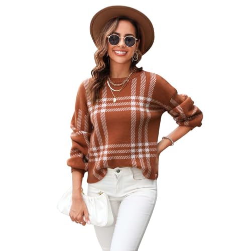 CHICWISH 2023 Fall Winter Women's Caramel Classic Plaid Round Neck Oversized Sweaters Long Sleeve Casual Knit Pullover Tops2