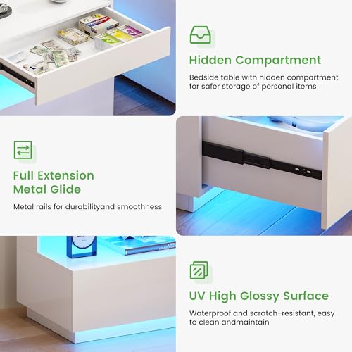 Image of HNEBC White LED Nightstand with Gun Drawers&USB-C Port&Lights for Bedroom | Bedside table,Motion‑Sensor 3‑Color Lighting, Hidden Storage Compartment, USB, Type‑C Charging Station,Hight-Gloss