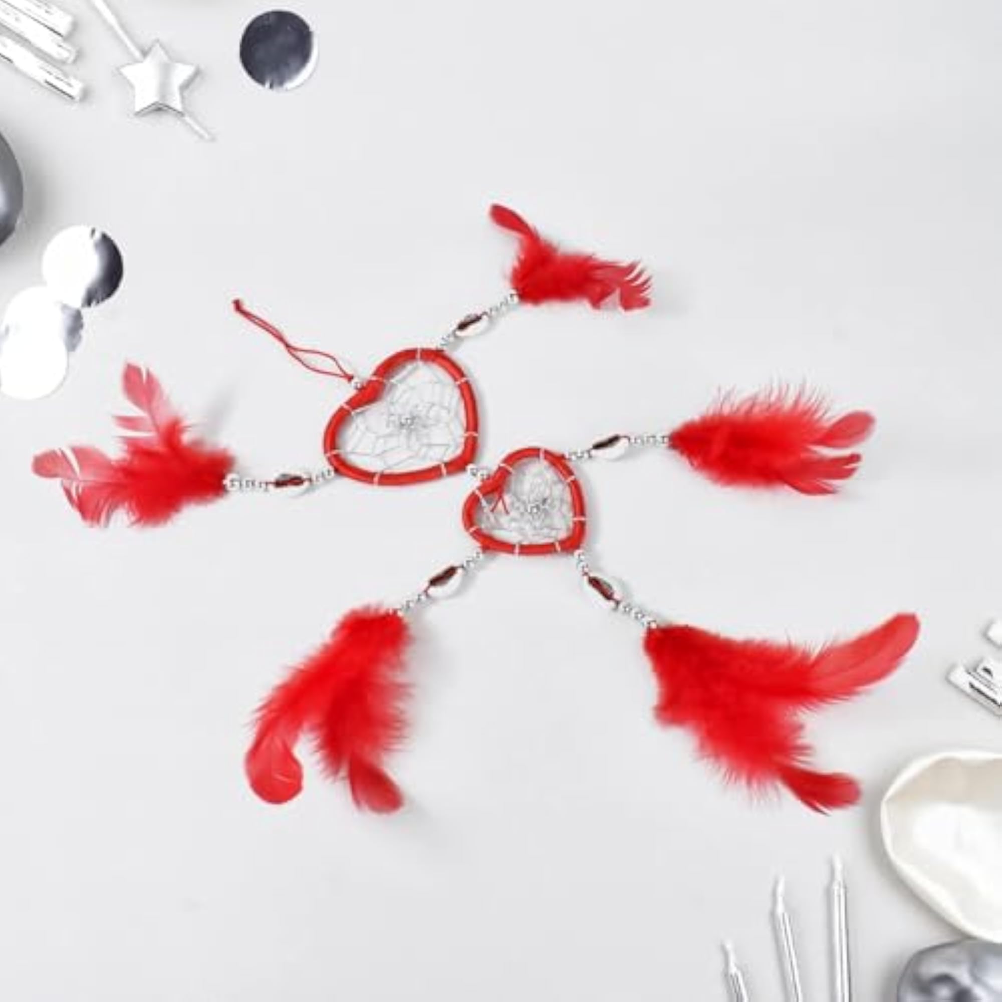 Heart-Shaped Dream Catcher with Red Feathers, Silver Beads