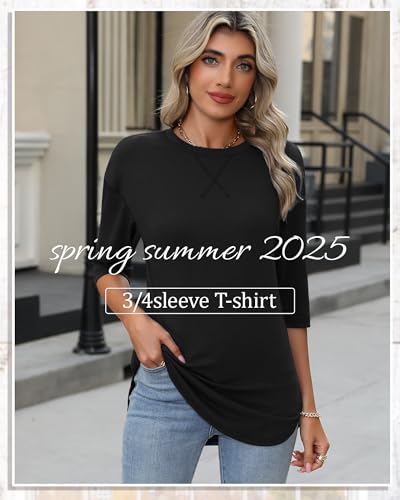 Riyiper 3 Pack Elbow Length Tee Shirts for Women Cotton 3/4 Sleeve Tunic Tops Round Neck Fall Curved Hem Leggings Blouse3
