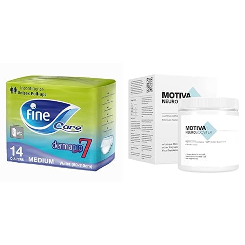 Fine Care Incontinence Unisex Adult Diaper Pull Ups Pants, Medium, (80-110 cm), 14 diapers + Motiva Neuro Booster, Supports Brain Immunity, Natural Vegan Powder Form,150g