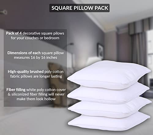 Gold Textiles White Throw Pillows Insert (Pack Of 4) - 16 X 16 Inches Polyester Sham Stuffer Throw Pillow - Lightweight Square Indoor Decorative Pillows - Bed And Cushion Couch Pillows #TOP7