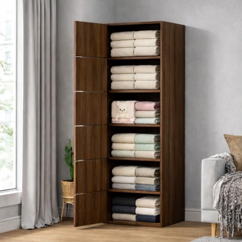 Image of 6-Door Morden Wooden Collapsible Wardrobe for Storage /Space Saving Wooden Wardrobe with Doors /Collpsible Storage Organiser /Living Room -Mapple (Walnut, 6 Layer)