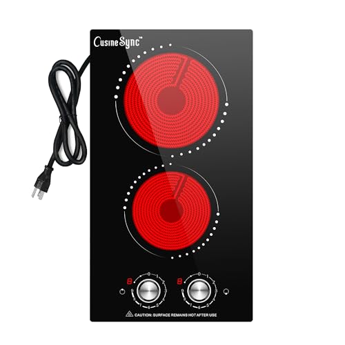 Image of 12 Inch 2 Burner Electric Cooktop, 110V Plug-In, 2000W | Ceramic glass cooktop with knob heat control for countertop or built-in use in compact kitchens and RVs