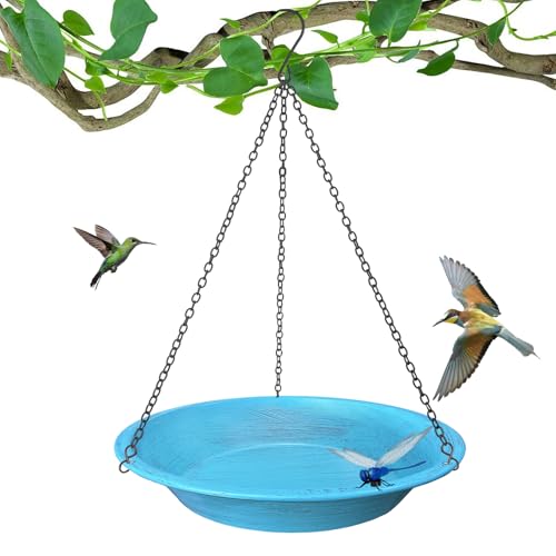 Hanging Bird Bath for Outdoors,11.4 inch Birdbath Bowl Window Birds Feeders with 13.5 in Rust-Proof Black Chains Metal Hanging Birds Feeder for Garden Backyard Decor Vintage Blue
