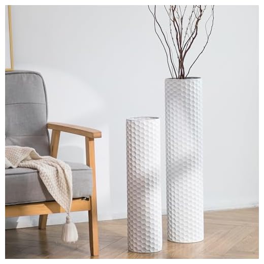 PowerBank Sziqiqi Vaso da Terra Alto da Interno: 70/55 cm Vaso da Terra Bianco Set di 2 Vasi Decorativi Moderni per il Soggiorno Metallo Vasi da Terra con Struttura a nido d'ape per Angolo Camera Letto Camino