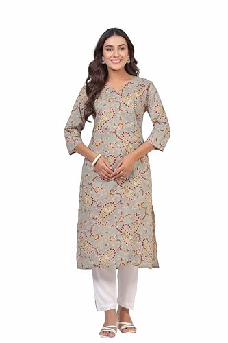 Image of Ichaa Women's Cotton Kurta | Printed Straight Kurta | V-Neck, 3 /4th Sleeve, Ethnic Wear