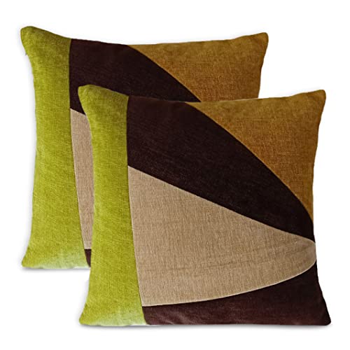 Image of Encasa XO Chenille Cushion Covers (Pack of 2) with Patchwork 45x45 cm - Mix & Match Pillow Covers in Bright Colours for Living Room, Sofa, Bedroom - Mustard