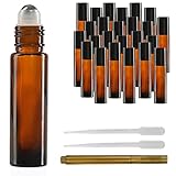 Culinaire 24 Pack Of 10 ml Amber Glass Bottles with Stainless Steel Roller Balls / Caps & (2x) 3 ml Droppers with Gold Glass Pen included