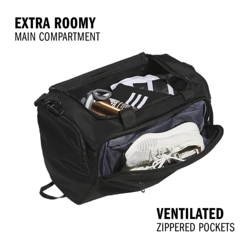 Image of adidas Defender 5 Duffel Bag for Sports, Gym and Travel, Black /Silver Metallic, OSFA | Premium Duffle, Sports, Gym, Travel