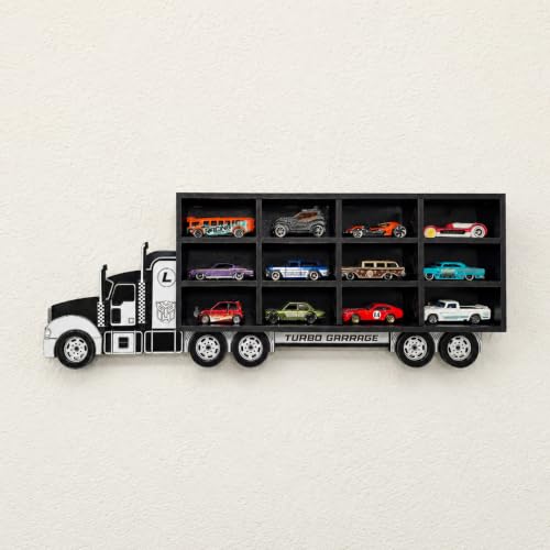 Image of Truck Shape Die Cast Car Display Shelf for 1:64 Scale Toy Cars | Wall Mount MDF Display Case & Storage Organizer | Personalized Name Option | 12 Slots | Turbo Garage 12