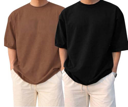 Image of BARKEYO Men's Half Sleeve Round Neck French Terry Oversized Drop Shoulder T-Shirt for Men