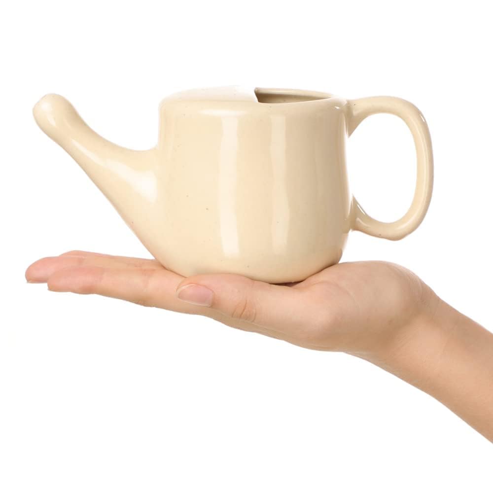 QIMACPLUS Ceramic Jala Neti Pot with Nostril Plugging Support | Leak-Proof, Spill-Free Design | Durable, Lead-Free, Microwave & Dishwasher Safe | Comfort Grip in Cream Color (300ml) 4