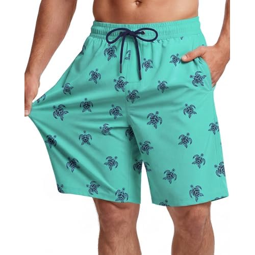 9 Inch Men Swim Trunks with Mesh Lining Breathable Quick Dry Drawstring Pockets for Summer Beach Travel Cruise Small Aqua Turtle