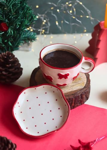 Image of WEAVING HOMES Handcrafted Ceramic Mug & Dessert Plate to Gift to Best Friend and Love Microwave Safe Bow Mug & Red Polka Dessert Plate Set (Set of 2, Multicolor)
