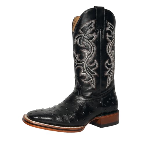 Men’s Genuine Leather Exotic Full Quill Ostrich Print Square Toe Cowboy Western Boots - Black