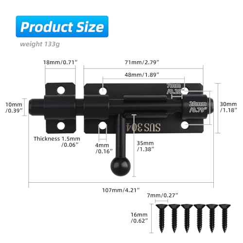 Image of Barrel Bolt Latch, 4.2 Inch Slide Lock, SUS304 Stainless Steel Slide Bolt Latch with Padlock Hole, Heavy Duty Slide Bolt Gate Latch Lock for Wooden Fence, Yard Door, Barn Door, Shed Door (Black)