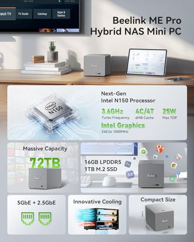 Image of Beelink Me Pro, Mini PC NAS, Intel N150 CPU, 16GB LPDDR5, 1TB SSD, 3*M.2 PCIe3.0 SSD Slots + 2*HDD Bays(MAX 72TB), 5G + 2.5G Dual LAN /WiFi6 /BT5.4, 4K Media Library, Private Cloud, Soft Router