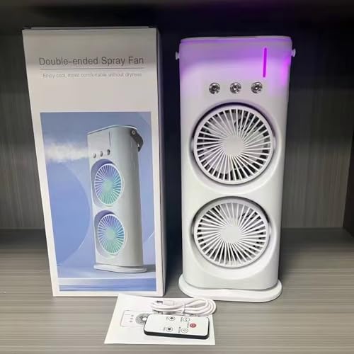 Ventilador Umidificador Duplo Torre Portátil Climatizador Led Ar Condicionado USB Potente e Econômico com Controle Remoto Purificador Difusor de Ar Mesa Silencioso Refrigeração Camada Dupla Branco