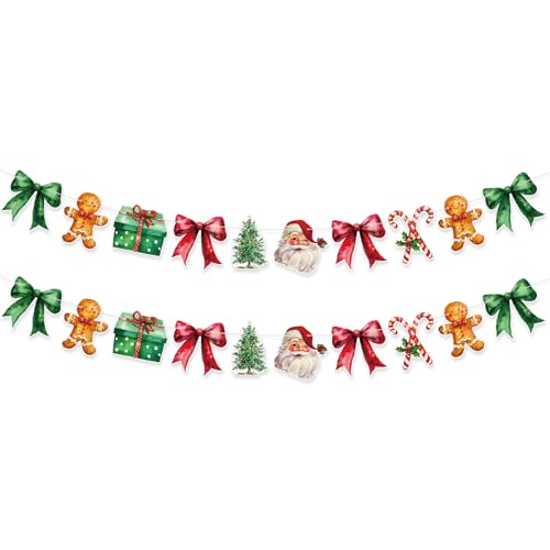 Image of Oudain 2 Pack Christmas Paper Garland 6.56 ft Red Green Christmas Tree Santa Claus Candy Cane Gingerbread Man Bow Hanging Bunting Banner Flags for Xmas Party Decorations Birthday Home Office Decor