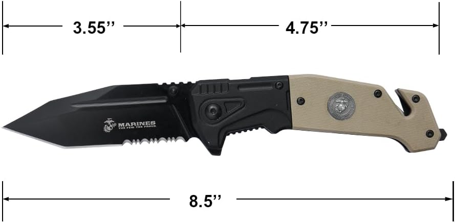MTECH USA USMC Pocket Folding Knife, 8.50" Overall Length, 3.55" Tanto Blade, G10 Handle, Pocket Clip and Rope Cutter, EDC (Tan)