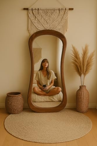 Image of Rustic Full Length Floor Mirror, Curved Wooden Frame, Natural Oak Finish, Modern Boho Style, Standing Design || 48x24 Inches || Without Mirror ||