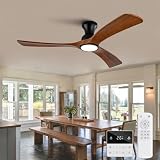 OMYU 52 inch Flush Mount Ceiling Fans with Lights,Remote Control,Wall Switch,Solid Wood Blades,Dimmable,Reversible,Noiseless,Power Off Memory Low Profile Ceiling Fan Indoor/Outdoor for Bedroom Patios