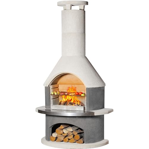BIG HORN PRIME Concrete Outdoor Fireplace with Grill, Wood Burning Fireplace with Wood Storage and Chimney, Include Grill Rack & Charcoal Pan, 81.9”H