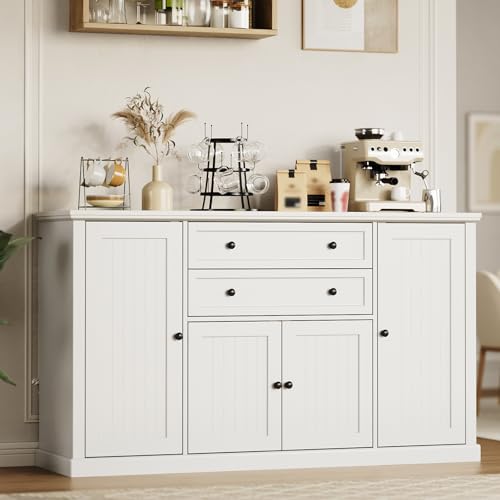 GAOMON 58" Sideboard Buffet Cabinet with Storage with 4 Doors & 2 Drawers, Farmhouse Wood Cupboard Kitchen Pantry Storage Cabinet Coffee Bar Station for Kitchen, Living Room, Dining Room (All White)