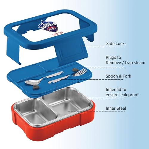 Image of Milton Sports Ethan 2|Delhi Capitals Official Drinkware Partner|Inner SS Tiffin Box, 2 Partition,Steam Release Plug|PU Insulated,Leak-Proof|Lunch Box for Kids,Boys,Girls with Snap Lock Lid|650 ml, Red